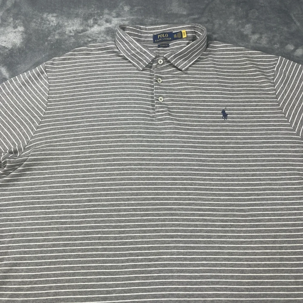 Ralph Lauren Polo Shirt‎ Mens 2XL Grey Classic Fit Short Sleeve Pony Striped